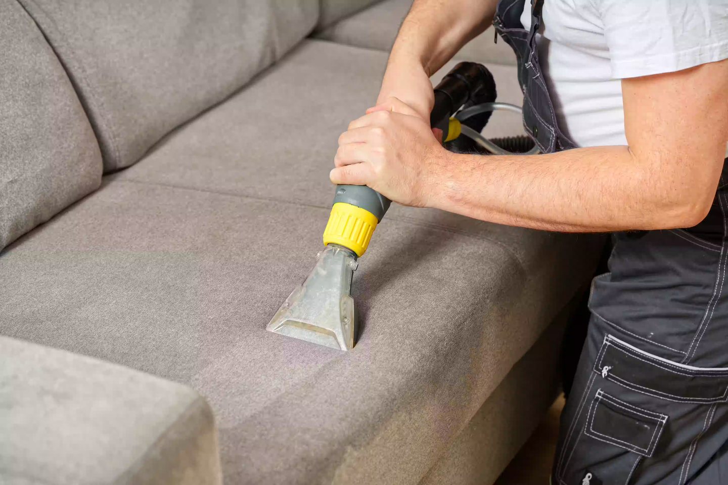 Professionelle Polsterreinigung eines Sofas mit Sprühextraktionsgerät in Nürnberg